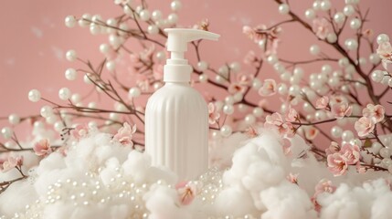 Soft pink floral arrangement showcases a white cosmetic bottle among fluffy cotton and pearls