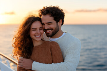 Obraz premium Happy young couple embracing by sea during sunset, radiating love and joy. Their warm smiles and cozy sweaters create romantic atmosphere