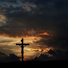 Fototapeta premium jesus christ cross easter resurrection concept christian cross on a background with dramatic lighting colorful sunset dark clouds and sky and sunbeams