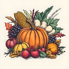 Autumn harvest illustration, Fall fruits and vegetables drawing, Vintage cornucopia illustration, Rustic autumn harvest artwork, Farmhouse fall decor, Pumpkin and corn illustration