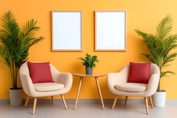 Modern interior design featuring two cozy chairs, round table, and vibrant plants against bright yellow wall. space exudes warmth and , perfect for relaxation