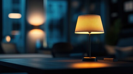 close-up image, Modern stylish dark workspace tabletop with table lamp, decor and copy space for display your product mockup over blurred modern dark office background. generative ai