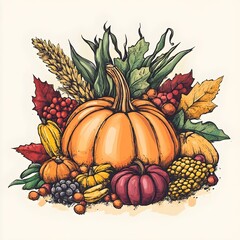 Autumn harvest illustration, Fall fruits and vegetables drawing, Vintage cornucopia illustration, Rustic autumn harvest artwork, Farmhouse fall decor, Pumpkin and corn illustration
