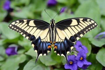 Naklejka premium Vibrant Yellow Butterfly Spreading Wings Among Colorful Purple Flowers in Garden