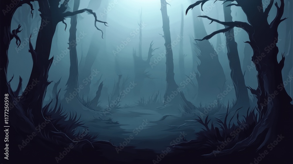 Poster A misty forest scene with dark trees and a mysterious atmosphere.