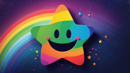 Fototapeta premium A colorful rainbow star with a cheerful smiley face in the center, radiating joy and positivity.