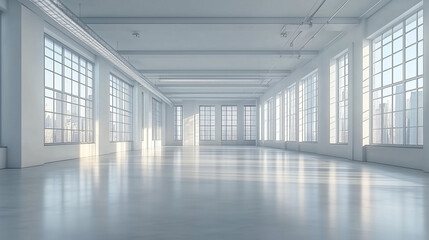Spacious, minimalist white room interior with panoramic windows, perfect for product photography or as a blank canvas for creative projects. High ceilings and wooden floors of a converted factory buil