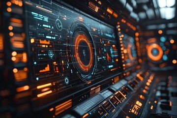 Obraz premium Futuristic control panel with glowing HUD interface in spaceship cockpit, displaying data