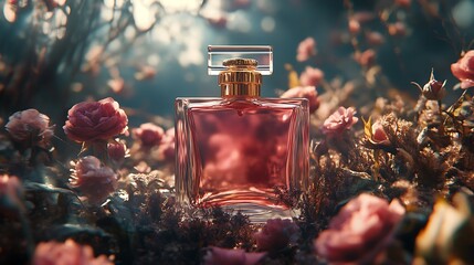 Perfume bottle with dried roses and dry flowers on the table