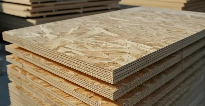 this stack of OSB panels, capturing the details of the wood grain, the layers, and the surrounding environment