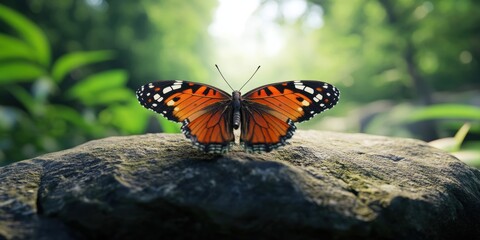 Obraz premium Colorful butterfly resting on a rock in a lush green forest during daylight hours