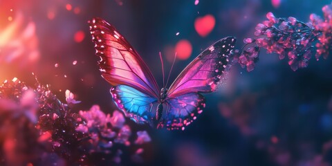 Colorful butterfly perched on vivid flowers in a magical garden atmosphere