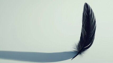 Photorealistic image of a single black feather on a light background, capturing minimalist texture and detail
