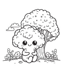 coloring book cute broccoli rest under tree illustration