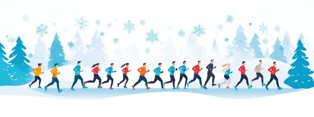 Obraz premium Dynamic Winter Running Scene Featuring Diverse Runners in Colorful Attire Amidst Snowflakes and Evergreen Trees in a Serene Snowy Landscape