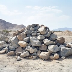 a pile of large gray rocks sits on a dirt surface under a blue sky