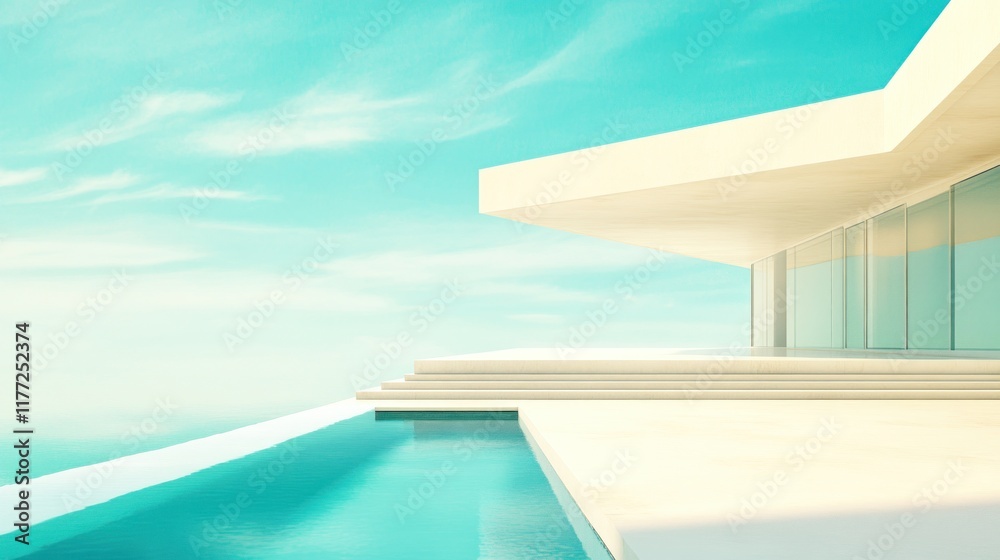 Poster A modern architectural design featuring a sleek structure by a tranquil pool and sky.