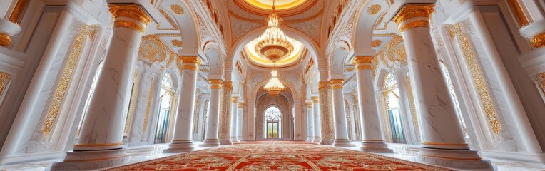 A grand room with an opulent red carpet and golden accents, perfect for luxury event backdrops or showcasing elegance in interior design.