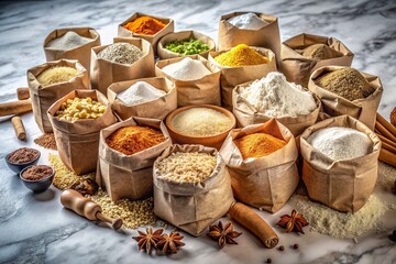Baking Ingredients: Flour & Spices on Marble Tabletop - Stock Photo