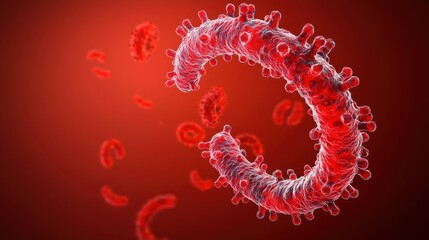Abstract depiction of a virus with a red background, showcasing viral particles in a dynamic, swirling design.