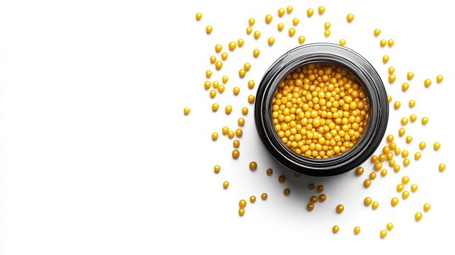 A conceptual image of cetyl esters wax pellets scattered around a cosmetic container, isolated.