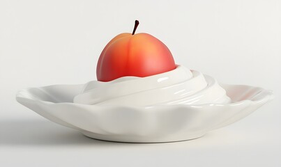 Peach nestled in whipped cream on a white dish.