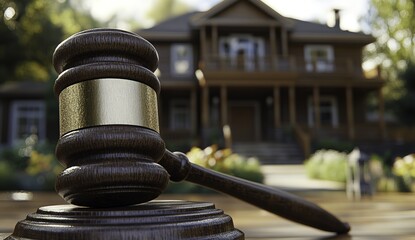 A wooden gavel placed in front of a house