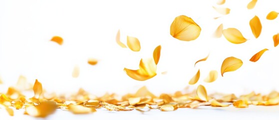 falling yellow rose petals on white background