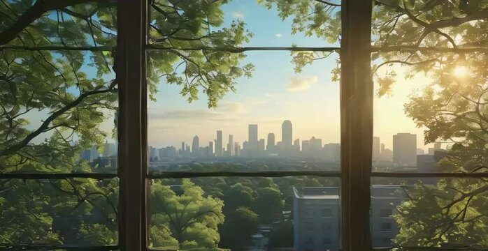 this window view, capturing the details of the trees, the cityscape, and the sunlight filtering through the leaves