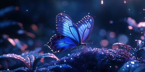Colorful butterfly resting on vibrant foliage in a magical forest setting during twilight hours