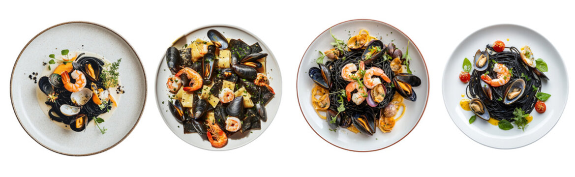 A flat-lay of a plate of black squid ink pasta with mussels, clams, and shrimp, styled elegantly on a white backdrop.