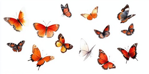 Fototapeta premium Butterflies of various species display vibrant colors on a white background in a natural setting