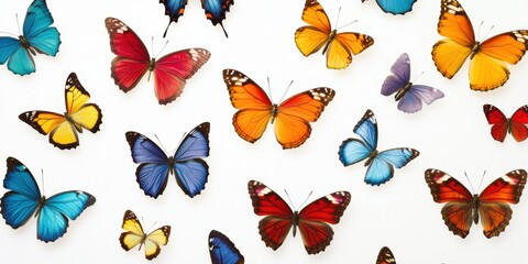Colorful butterflies display a range of vibrant hues on a white background in a captivating arrangement