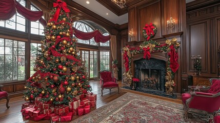 Fototapeta premium A beautifully decorated Christmas tree adorned with red and gold ornaments in a cozy living room