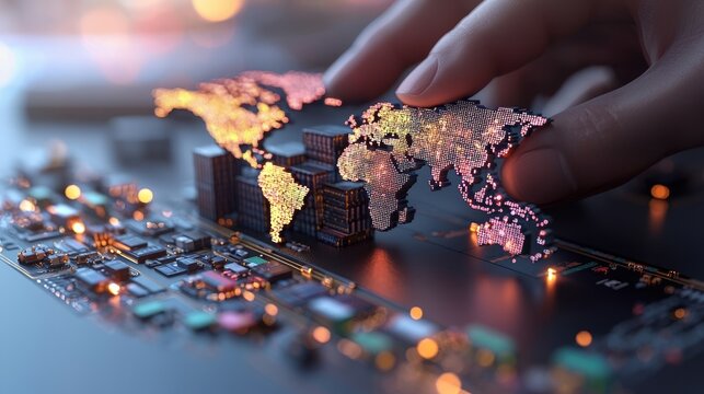 A hand delicately places a glowing world map on a circuit board, symbolizing the intersection of technology and global connectivity.