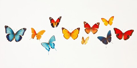 Fototapeta premium Colorful butterflies in various sizes and shades are arranged against a light background to showcase their beauty and diversity