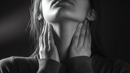 person holding their neck with grimace, expressing discomfort