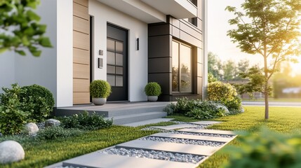 Obraz premium Modern house exterior with landscaped pathway and garden at sunset.