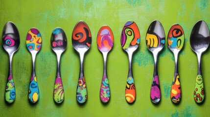 Obraz premium A childs spoon with playful designs arranged on a vibrant green background
