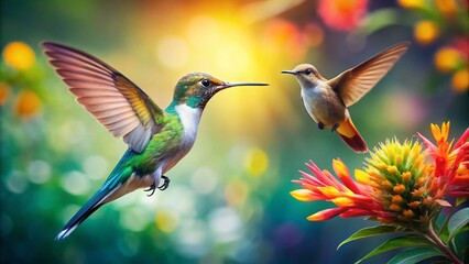 Fototapeta premium Bee Hummingbird in Flight, Long Exposure Blur, Tropical Garden, Vivid Colors