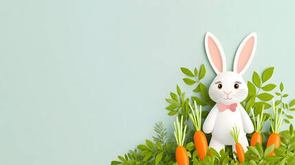 Cute bunny in carrot garden with vibrant greenery and soft colors