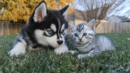 husky puppy and tini silver cute kitten