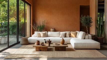 A trendy peach-hued living room with a wooden coffee table and vibrant plants, perfect for showcasing modern minimalist interior decor concepts.