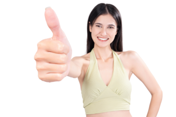 Smiling young woman in a light green top giving a thumbs up gesture, symbolizing positivity and approval. Perfect for motivational, health, shopping, lifestyle or recommend new advertisement concepts.