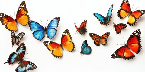 Fototapeta premium Colorful butterflies in various sizes and patterns displayed on a white background in an artistic arrangement