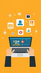Creative illustration of a person typing on a laptop with floating digital icons representing social media, videos, charts, and images on a vibrant orange background