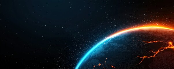 Fototapeta premium A stunning view of a planet's horizon illuminated by vibrant blue and orange lights against a dark cosmic backdrop.