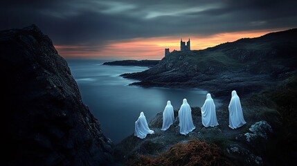 Five ghostly figures in white robes overlooking a coastal castle at sunset.