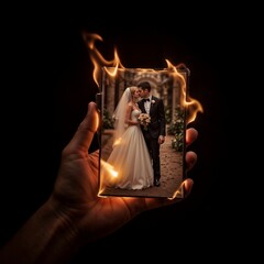 Burning wedding photo held in hand, dramatic effect with flames, emotional impact, copy space