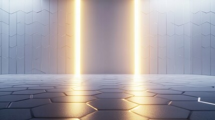 Futuristic square with glowing elements, blank wall with backlight and honey combs tiles floor, 3D rendering, mock up